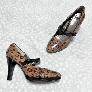 Sofft Leopard Heels Rieta Patent Leather Mary Jane Pumps Animal Print Platform